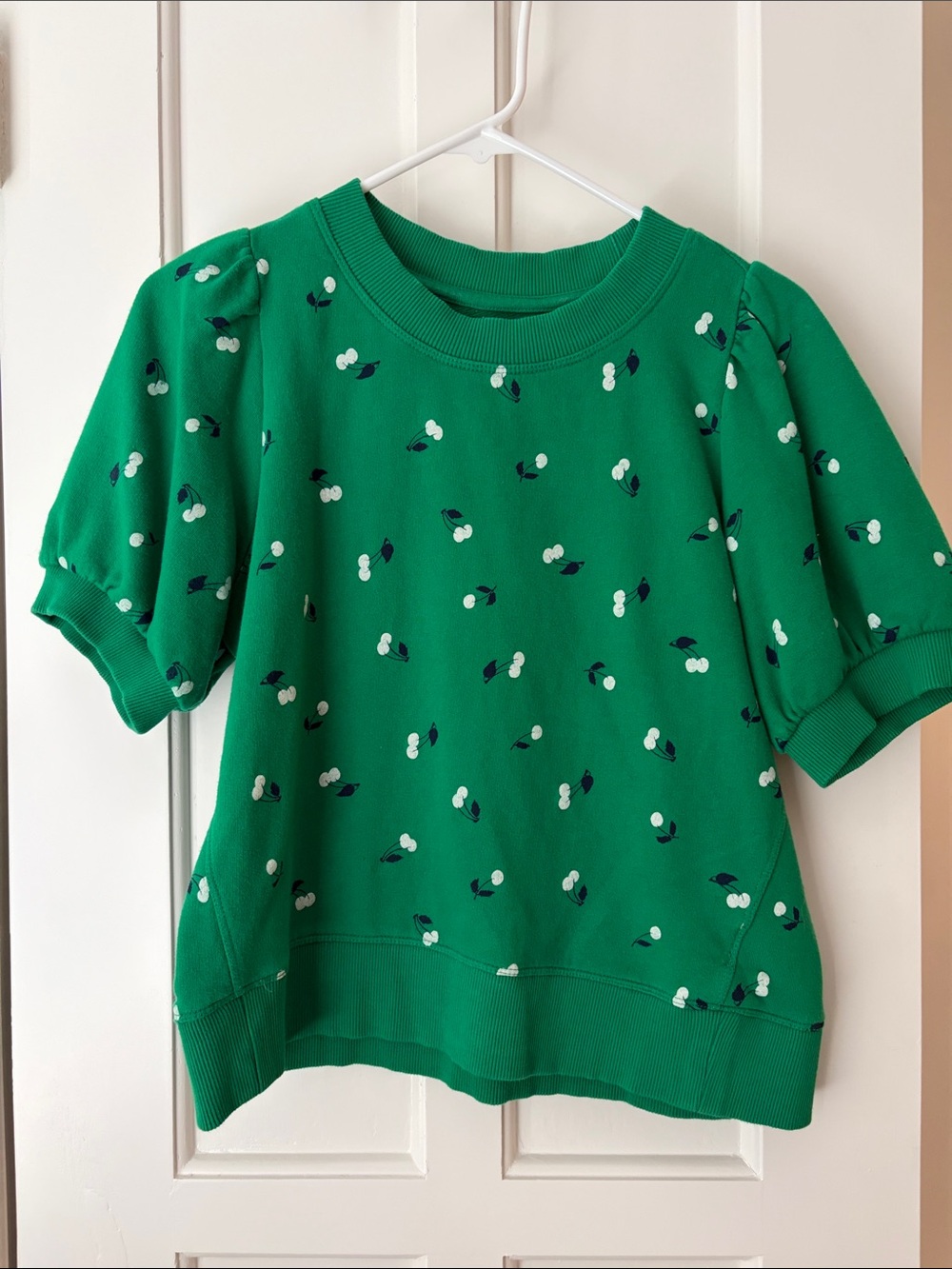 Maeve Green Short-Sleeve Sweatshirt with White & Navy Dot Cherry Print